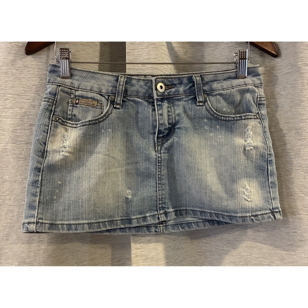 Vtg Bubblegum Micro Mini Denim Skirt Distressed Denim Brazil sz 3/4 90s Y2K‎
